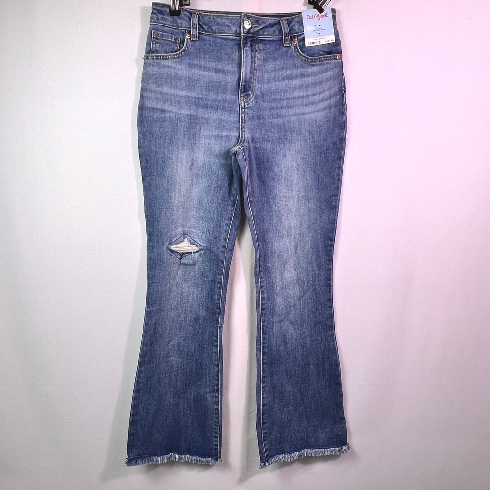 Cat & Jack Girls Flare Jeans Size 14 Distressed Super Stretch NWT